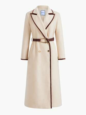 MOTF PREMIUM WOLL CONTRAST BINDING PEAK COLLAR LONG OVERCOAT WITH BELT