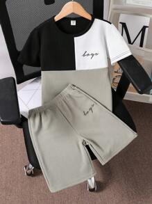 SHEIN 青少年男孩字母圖形彩塊短袖t卹+短褲 - 彩色 - 查看 3