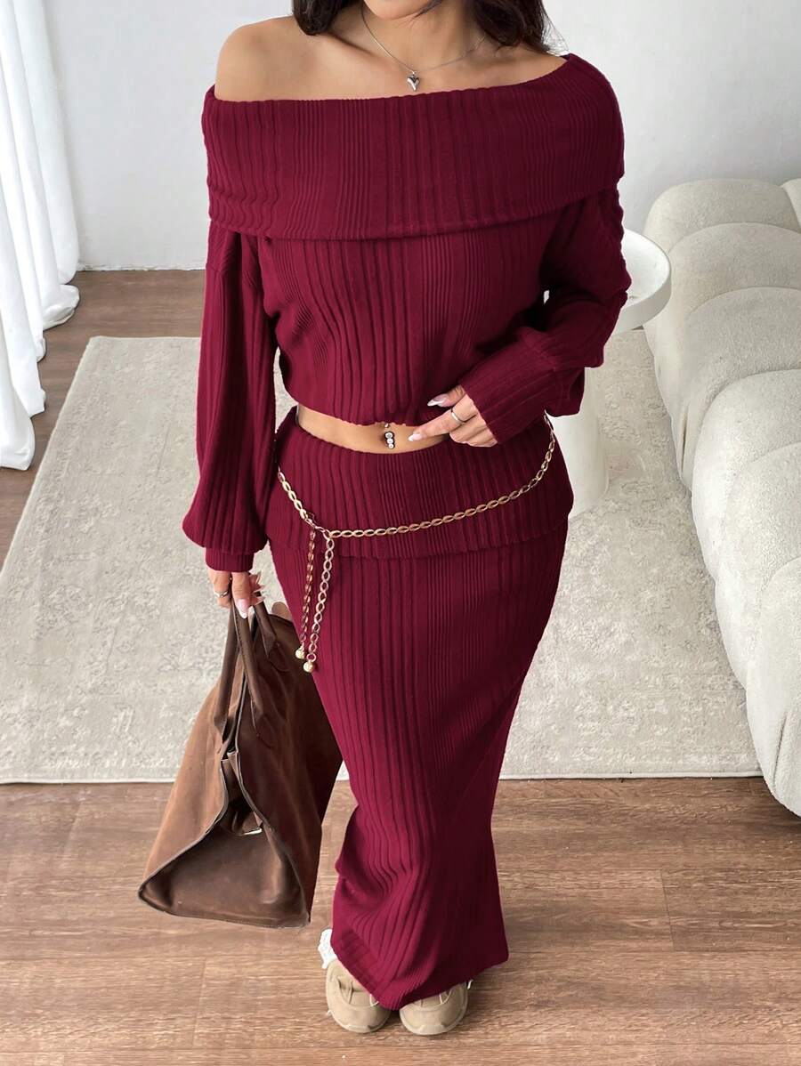 INAWLY 2件套休闲女式纯色露肩长袖上衣和裙子套装 - 酒紅色 - 查看 1