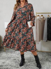 SHEIN LUNE 大码女式优雅碎花V领泡泡袖荷叶边下摆连衣裙新年女装连衣裙冬季情人节商务休闲女装 - 彩色 - 查看 1