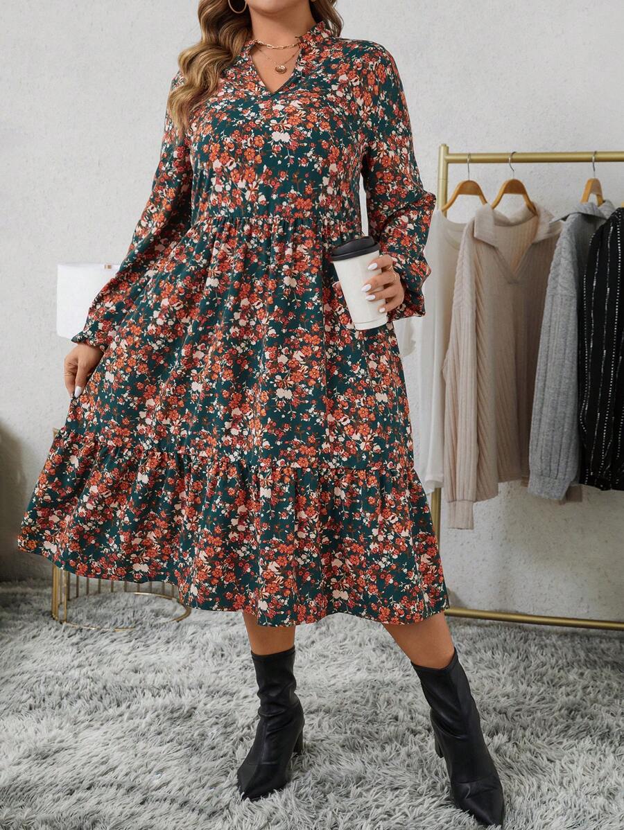 SHEIN LUNE 大码女式优雅碎花V领泡泡袖荷叶边下摆连衣裙新年女装连衣裙冬季情人节商务休闲女装 - 彩色 - 查看 1