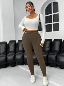 SHEIN Privé Plus Size Chocolate Brown Elegant Suede Thermal Lined Leggings,Summer Casual Gym Tight Pants,Autumn/Winter Workplace High-End Date Party Retro Style - Brown - View 5