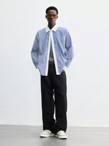 Maija Áo sơ mi nam tay dài rộng rãi họa tiết sọc jacquard màu xanh mới xuân/hè 2025, đa năng cho tiệc năm mới, mặc hàng ngày, ngày lễ tình nhân - Nhiều màu - Xem 1