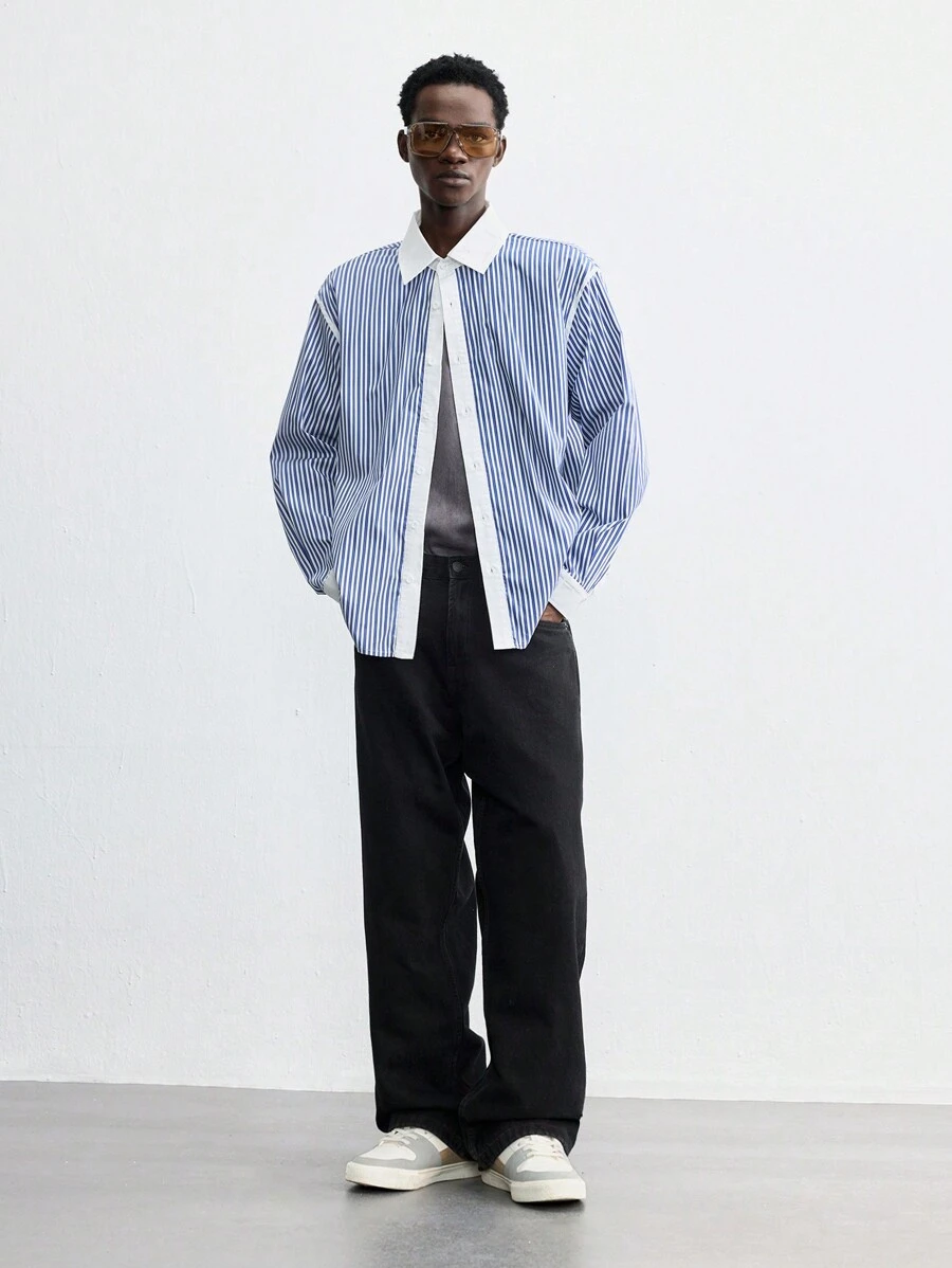 Maija Áo sơ mi nam tay dài rộng rãi họa tiết sọc jacquard màu xanh mới xuân/hè 2025, đa năng cho tiệc năm mới, mặc hàng ngày, ngày lễ tình nhân - Nhiều màu - Xem 1