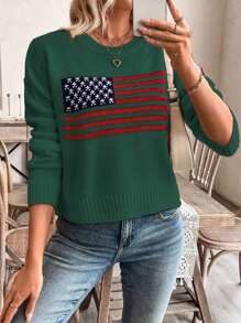 SHEIN LUNE 女式休闲落肩圆领美国国旗图案长袖针织毛衣，秋冬