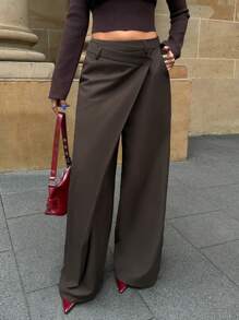 Forever 21 Vrouwen Asymmetrische Casual Wijde Pijp Broeken Damesmode Kantoor Pendelen Veelzijdige Hoge Taille High-End Asymmetrische Wijde Pijp Pak Broeken