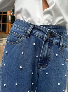 Forever 21 女士不对称腰带仿珍珠装饰口袋直腿休闲牛仔裤 - 藍色 - 查看 6