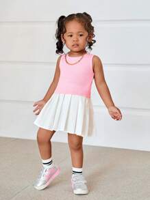 SHEIN Set de 3 piezas para bebé niña: Camiseta rosa linda, falda plisada cintura elástica y camisa, para primavera/verano