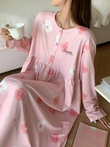 DAZY Teddy Bear & Floral All-Over Print Letter Decor Loose Nightgown Pajama - Pink - View 4