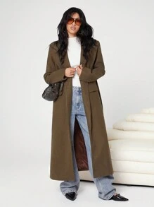 Easelle Women's Solid Color Brown Long Sleeve Casual Single Breasted Lapel Overcoat, Autumn/Winter - Brown - View 4