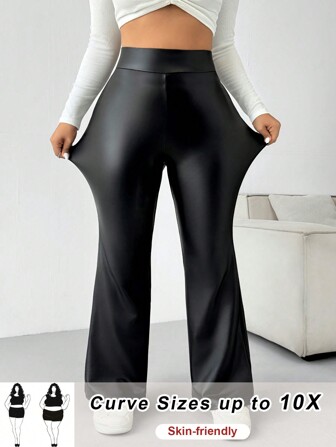 SHEIN CURVE+ Pantalon évasé en PU à taille haute et couleur unie pour femme grande taille, pour les fêtes de Noël