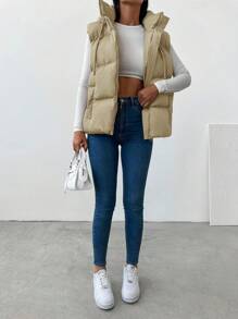 EURMUSE Zip Up Drawstring Hooded Puffer Vest Coat - Beige - View 3