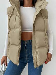 EURMUSE Zip Up Drawstring Hooded Puffer Vest Coat - Beige - View 6