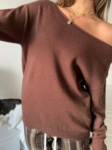 SHEIN EZwear Women Casual Solid Color Off Shoulder Oversized Sweater, Suitable For Autumn Fall/Winter - Camel - View 4