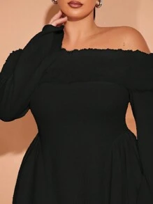 SHEIN BAE Vestido de mujer talla grande, súper versátil, con ribete esponjoso crema, corte A con costilla elástica, perfecto para fiestas o uso diario, estilo dulce - Negro - Ver 4