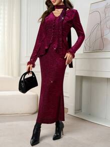 Modelyn Conjunto de 2 piezas de blusa casual de manga larga con botones delanteros y falda para mujeres - Burdeos - Ver 5