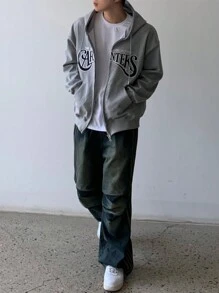 DAZY 男士秋季字母印花落肩长袖前拉链连帽运动衫，休闲 - 灰色 - 查看 3