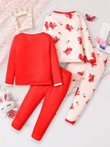 SHEIN 2 件套可爱拼色独角兽印花贴身连体衣和裤子套装，适合女婴、家居服、圣诞节