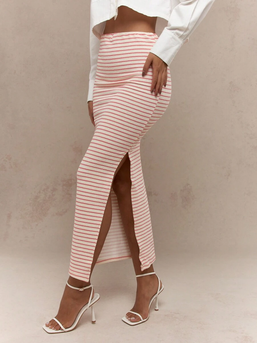 MISSGUIDED 纹理条纹紧身长裙 - 粉色 - 查看 1