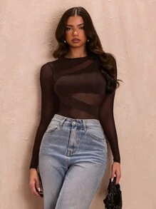 SHEIN BAE 夏季黑色圆领性感透视镂空网眼拼接不对称紧身衣女款