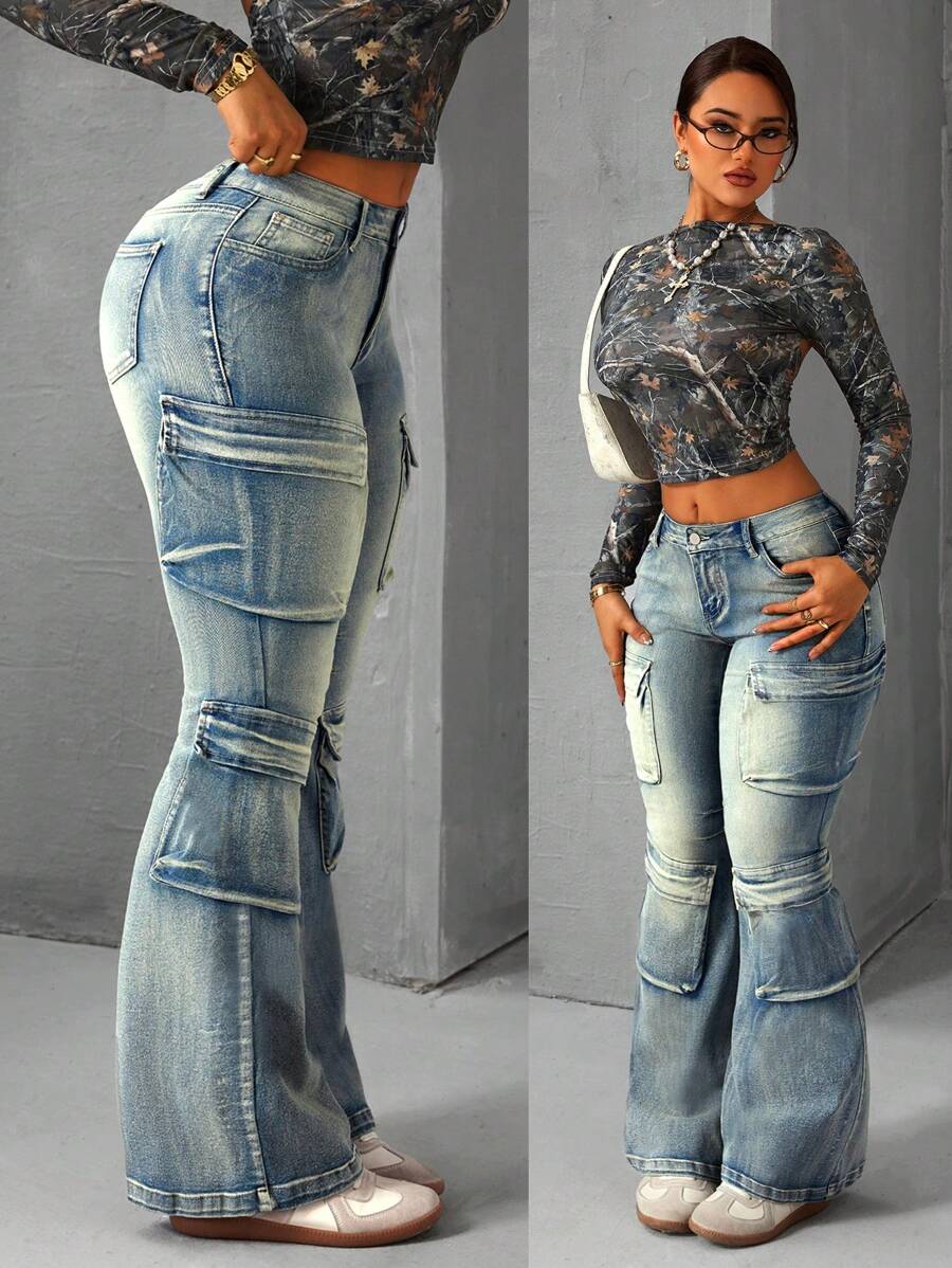 SHEIN ICON Women's Multi-Pocket Flared Casual Versatile Denim Jeans - Blue - View 1