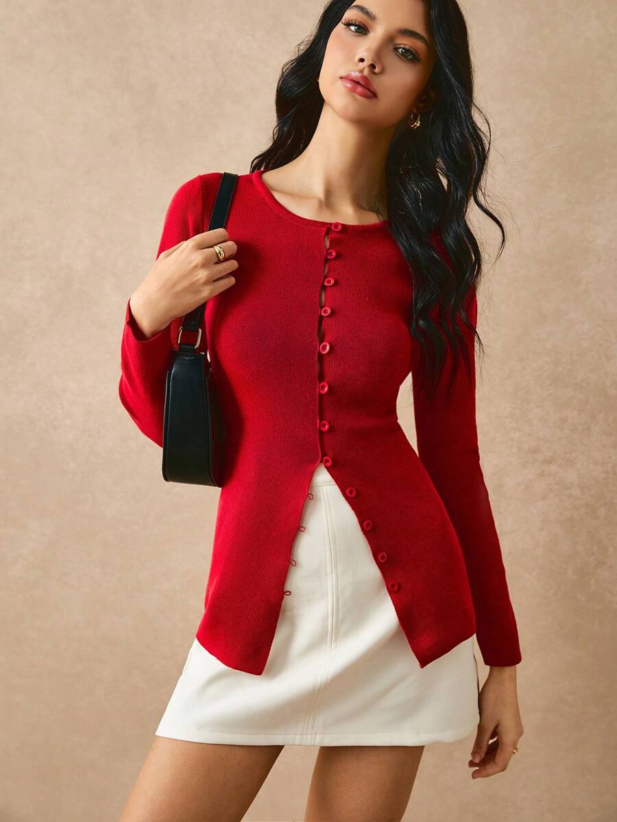 Poéselle 女士纯色长袖纽扣前休闲开衫，红色女式毛衣，新年前夜，圣诞毛衣，女士毛衣，节日，通勤，约会派对等场合穿着，秋冬简约时尚 - 紅色 - 查看 1