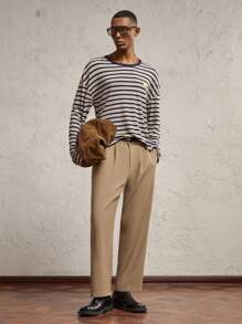 AKNOTIC Business Casual Men's Khaki Woven Relaxed Fit Mid-Rise Straight Leg Casual Pants With Metal Buckle Belt, Plain Work Long Baggy Slacks Pants, For Husband, Boyfriend Gifts