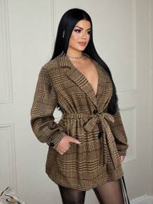SHEIN SXY Autumn/Winter Houndstooth Tie-Waist Jacket