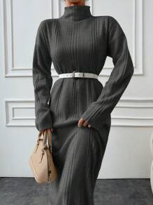 EURMUSE Cotton Solid Color Turtleneck Ribbed Knit Sweater Dress - Dark Grey - View 4