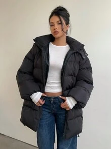 Aloruh 女士时尚厚连帽棉质中长外套，黑色 - 黑色 - 查看 8