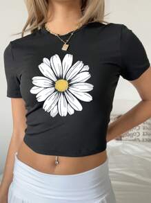 SHEIN EZwear 3pcs/Set Casual Minimalist Butterfly & Flower Print Crew Neck Short Sleeve Cropped Tee Suit For Women, Summer Suitable For Going Out - Multicolor - View 3