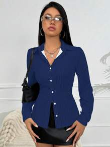 SHEIN PETITE Women's Striped Collared Button-Up Long Sleeve Shirt With Waist Cinching - Multicolor - View 4