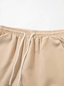 Manfinity Homme Men's Front Button Short Sleeve Striped Casual T-Shirt And Shorts Set - Khaki - View 3