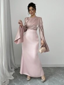 Rafferiza 女士优雅收腰鱼尾下摆鸡尾酒会连衣裙，喇叭袖，闪亮面料，秋冬长款女装 - 粉色 - 查看 6