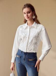 MOTF PREMIUM SEQUIN FLORAL BUTTON UP BLOUSE - White - View 6