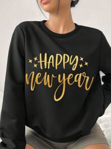 SHEIN Essnce Áo nỉ nữ cổ tròn tay dài in họa tiết tối giản giản dị, dáng rộng, thu đông - màu đen - Xem 3