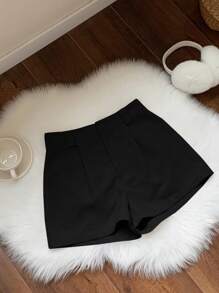 Comfortcana Ladies' Solid Color Pleated Corduroy Shorts - Black - View 5