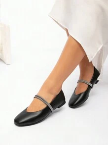 CUCCOO CHICEST Women's Black Cute Double Strap Rhinestone Flat Square Toe Flats Valentines - Black - View 3