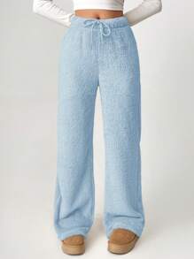 SHEIN Tall Pantalones anchos con cintura de cordón tipo teddy - Azul - Ver 5