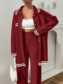 EURMUSE Women Stripe Pattern Pocket Detailed Front Button Cardigan & Sweater Pants Set - Burgundy - View 2
