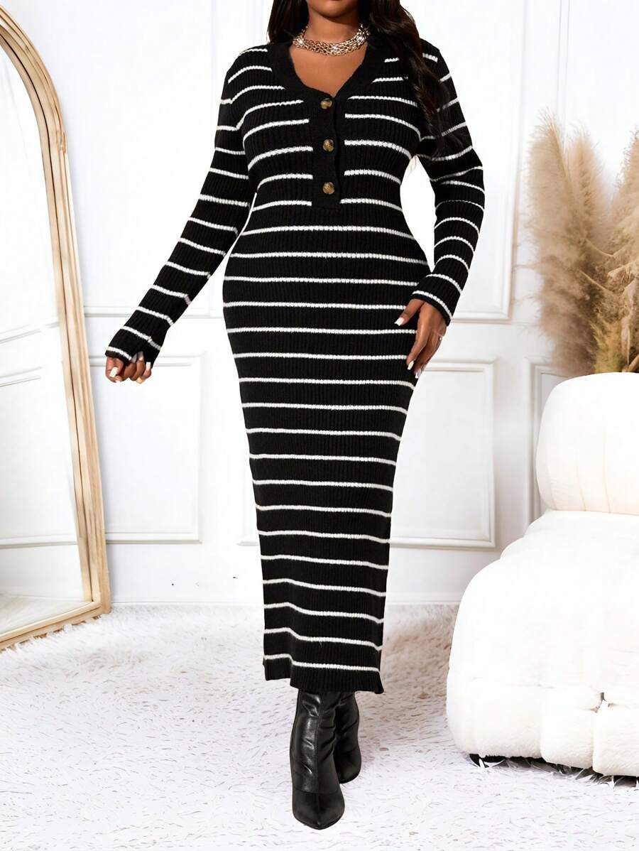 SHEIN Lady Jesienne i zimowe eleganckie biuro do pracy czarno-białe czesankowe dekolt w serek syrenka guziki midi długie rękawy plus rozmiar sukienki swetrowe