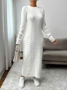 EURMUSE Neues midlanges gestricktes Pulloverkleid für Frauen, oversized, geeignet zum Schichten, dickes Material, für Herbst und Winter - Weiss - Übersicht 1