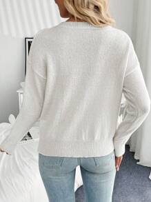 Chiquease 女士纯色落肩长袖3D立体花卉贴花套头毛衣，秋冬针织套头衫