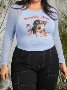 Animal Planet X SHEIN Women's Plus Size Long Sleeve Crew Neck Top With Puppy Dog Print, Mesh Splice, Fashion , Fresh, Comfortable, Y2K Style