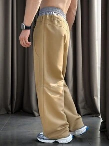 Manfinity Homme Quần ống đứng cạp chun vá lưng đôi mới cho nam, quần dài màu kaki có dây rút, dành cho chồng, quà tặng bạn trai - Màu Khaki - Xem 2