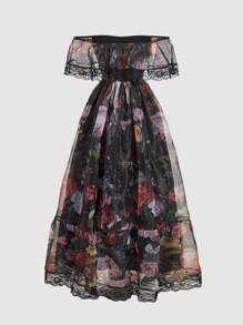 SHEIN MOD Váy Organza hở vai in hoa cỡ lớn, trang phục đi nghỉ cho phụ nữ, phong cách Goth, trang phục đi biển cho phụ nữ, ngày lễ tình nhân, cho mùa hè, váy đi biển, trang phục ngày lễ Boho - màu đen - Xem 2