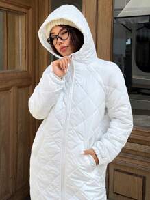 SHEIN EZwear Autumn/Winter All-Match Versatile Casual White Thermal Function Quilted Long Hooded Padded Coat