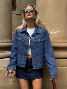 Forever 21 Damen Lange Ärmel Denim Jacke mit Knöpfen und Taschen, einfaches Lässig Design