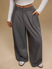 Forever 21 大码女式纯色褶皱口袋宽松阔腿休闲裤 - 深灰色 - 查看 1