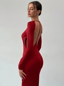 Aloruh Women's Autumn/Winter New Arrival Sexy Elegant Open Back Detail Party Tight-Fitting Dress - Red - View 6